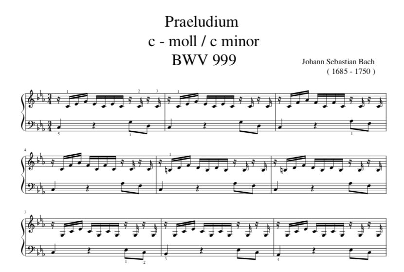 Praeludium c - moll / c minor  BWV 999 sheet music for piano